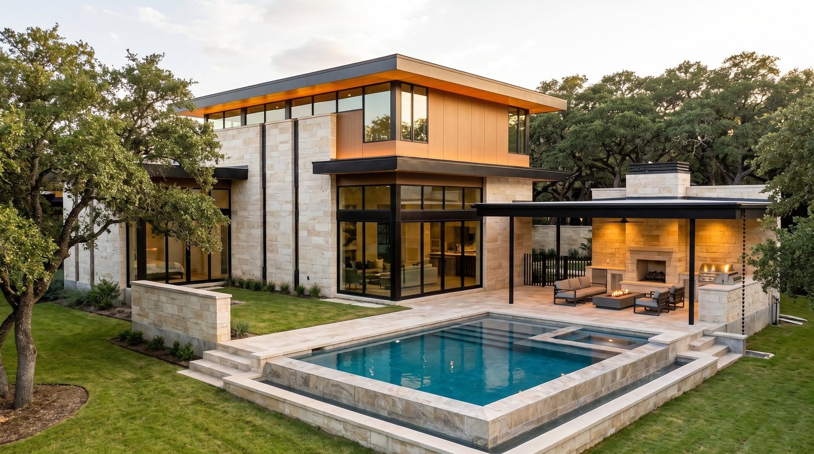 Rear elevation with pool and covered outdoor room at golden hour