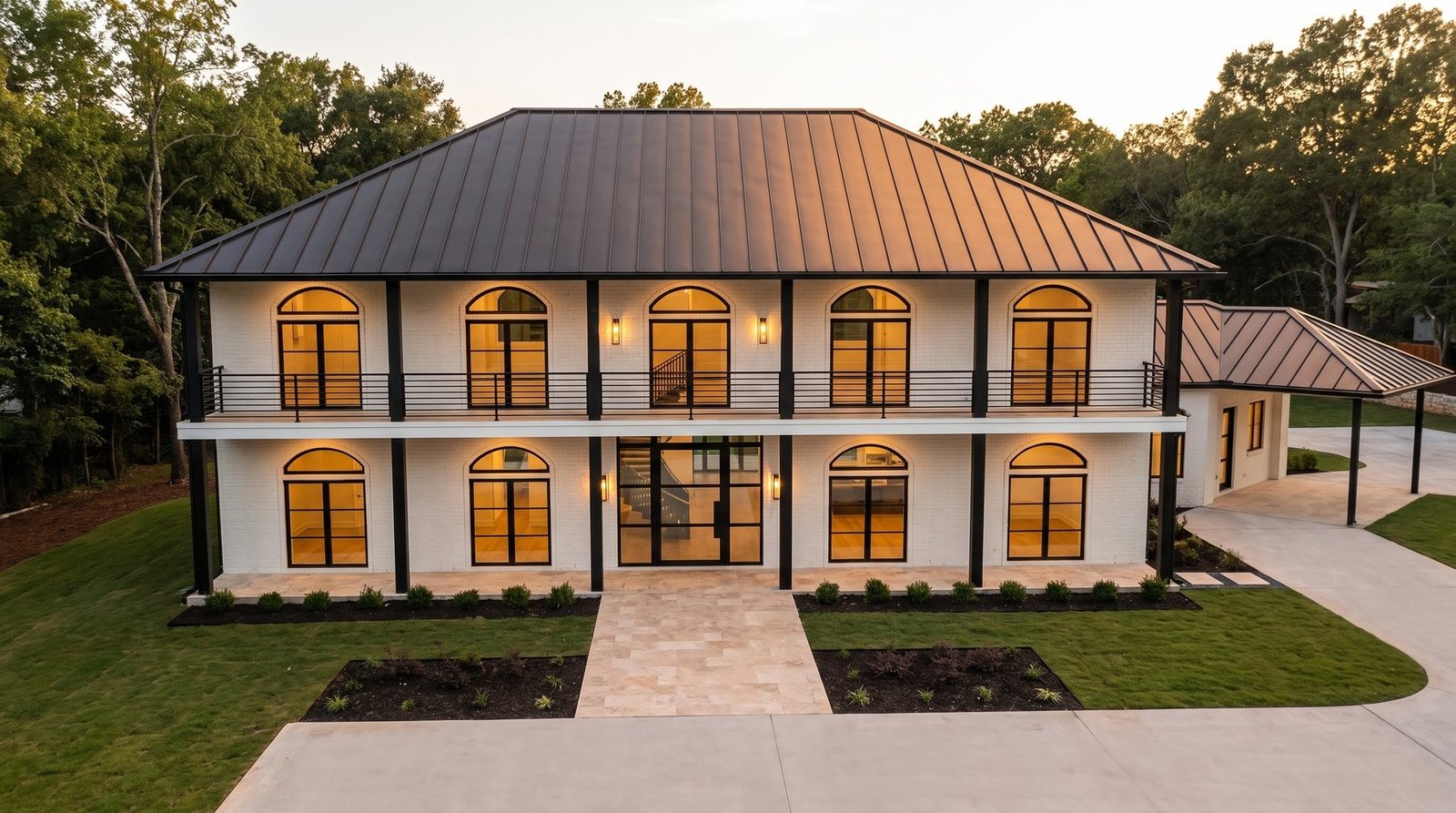 Front elevation at dusk with warm interior glow