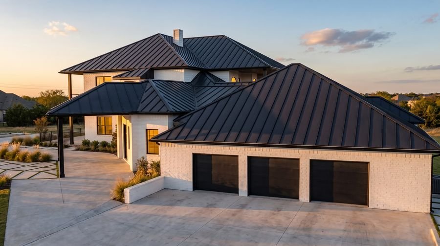 Garage bays and motor court at dusk