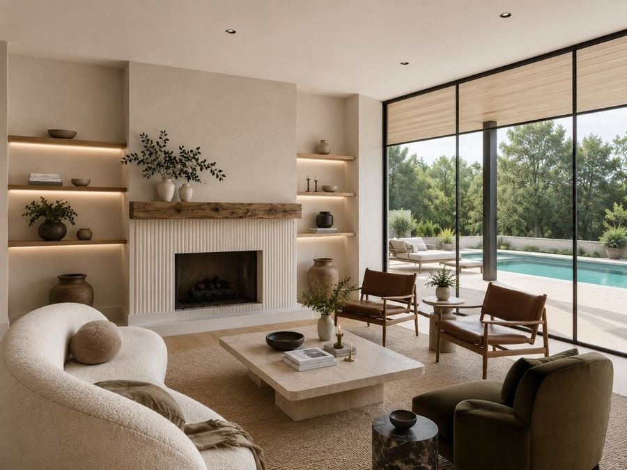 Living room with modern plaster fireplace wall