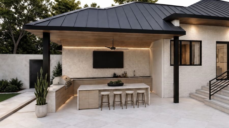Covered outdoor kitchen pavilion with bar seating